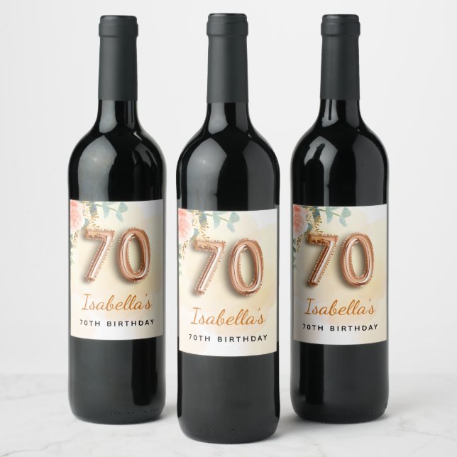 70th birthday floral rose gold eucalyptus monogram wine label (Bottles)