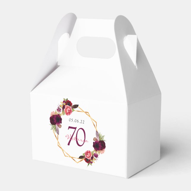 70th birthday florals gold geometric burgundy favor box (Front Side)