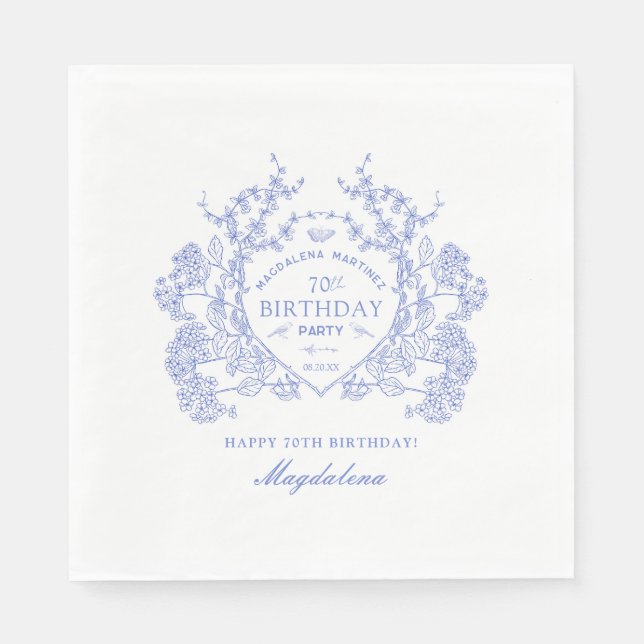 70th Birthday French Blue Floral Crest Custom Napkin (Front)