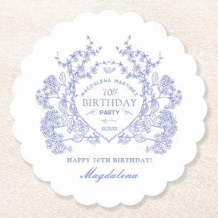 70th Birthday French Blue Floral Crest Custom Paper Coaster