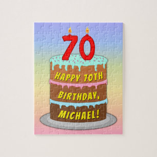 70th Birthday: Fun Cake and Candles + Custom Name Jigsaw Puzzle