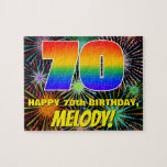 70th Birthday: Fun, Colourful Celebratory Firework Jigsaw Puzzle<br><div class="desc">This exciting and cheerful birthday-themed jigsaw puzzle design features a large number “70” with a multicolored rainbow spectrum inspired gradient pattern, along with the message “HAPPY 70th BIRTHDAY, ”, and an editable recipient name. The background has a colourful, multicolored, bursting celebratory fireworks-inspired pattern. A joyful, customizable birthday puzzle like this...</div>