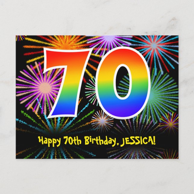 70th Birthday – Fun Fireworks Pattern + Rainbow 70 Postcard (Front)