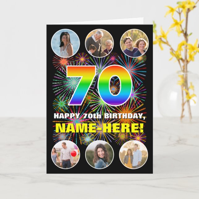 70th Birthday: Fun Rainbow #, Custom Name & Photos Card (Yellow Flower)