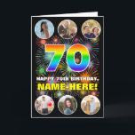 70th Birthday: Fun Rainbow #, Custom Name & Photos Card<br><div class="desc">The front of this cheerful and fun birthday themed greeting card design features the number “70“ having a vibrant rainbow spectrum inspired gradient pattern, along with the message “HAPPY 70th BIRTHDAY, ” and a customizable name, on a multicolored bursting fireworks inspired pattern. Near the top and the bottom of the...</div>