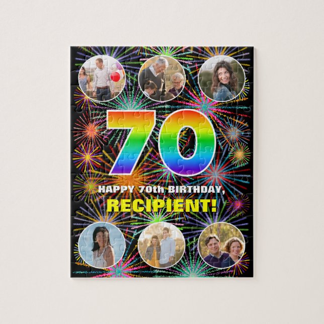 70th Birthday: Fun Rainbow #, Custom Name + Photos Jigsaw Puzzle (Vertical)