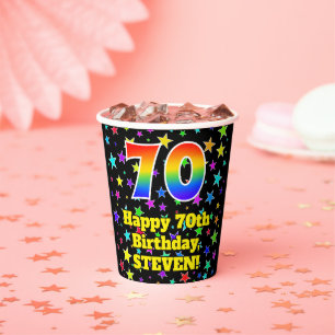 70th Birthday: Fun Stars Pattern and Rainbow 70 Paper Cups