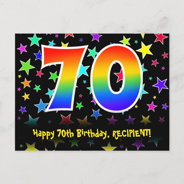 70th Birthday: Fun Stars Pattern, Rainbow 70, Name Postcard (Front)