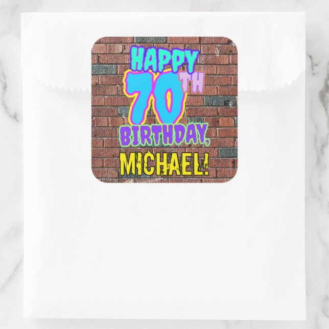 70th Birthday – Fun, Urban Graffiti Inspired Look Square Sticker (Bag)