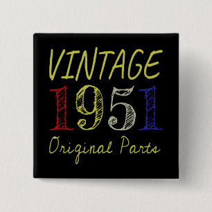 70th Birthday Gift Vintage 1951 Original Parts 2 Inch Square Button