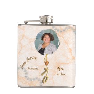 70th Birthday Gold Balloon Number & Photo Hip Flask