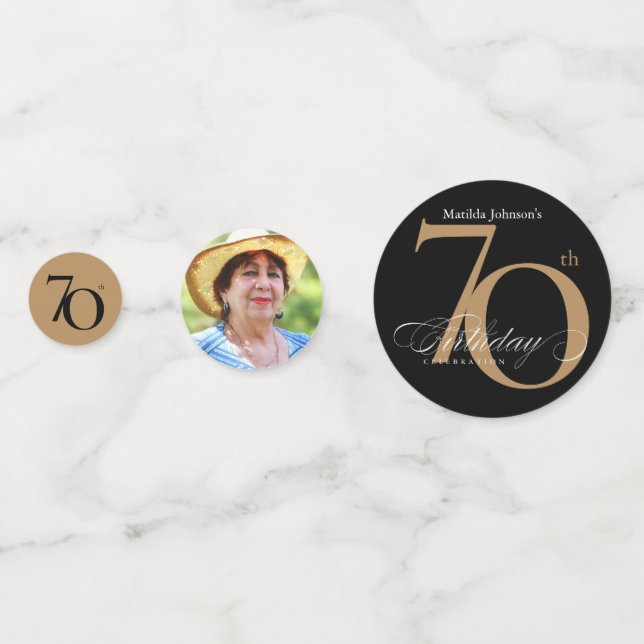 70th Birthday Gold Black Calligraphy Elegant Photo Confetti (Backs)