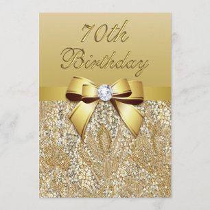 70th Birthday Gold Faux Sequins and Bow Invitation