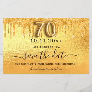 70th birthday gold glitter save the date card