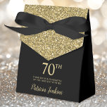 70th Birthday Gold Glitter Thank You Favor Box<br><div class="desc">This fabulous modern 70th Birthday Gold Glitter Thank You favor box with sparkling gold glitter, the birthday girl's name in a trendy script font, and tied with an elegant black bow would be perfect for your event. It would be great for a candy station, on a thank you gift table,...</div>