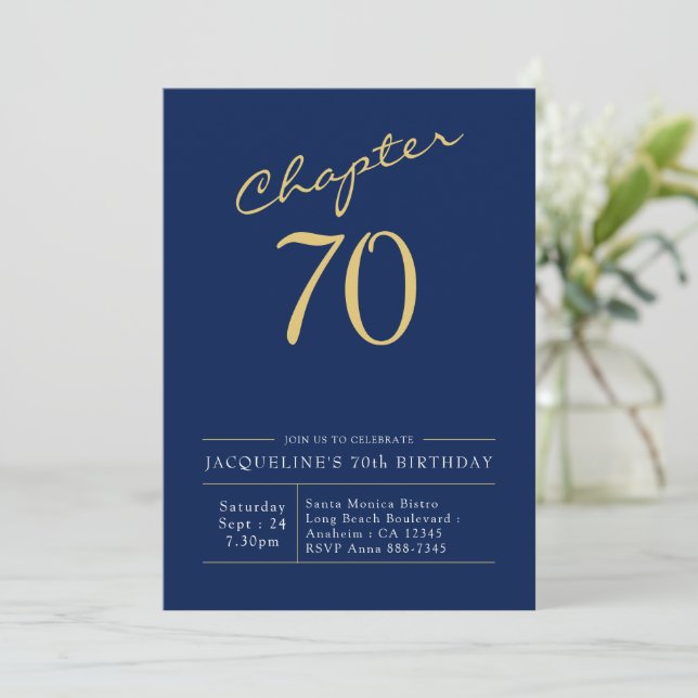 70th Birthday Gold Modern Script Blue Invitation (Standing Front)