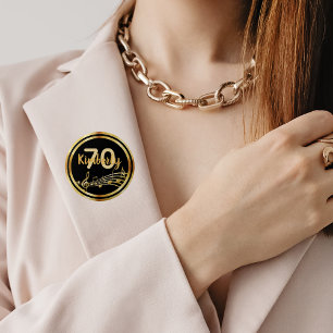 70th birthday gold music notes on stylish black 2 inch round button