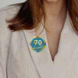 70th birthday gold music notes on teal blue green 2 inch round button<br><div class="desc">Teal,  blue green background with faux gold music notes for a 70th birthday party. Templates for the age 70 and name.  The name is written in a hand-lettered style script.  Golden letters and number. For both him and her.</div>