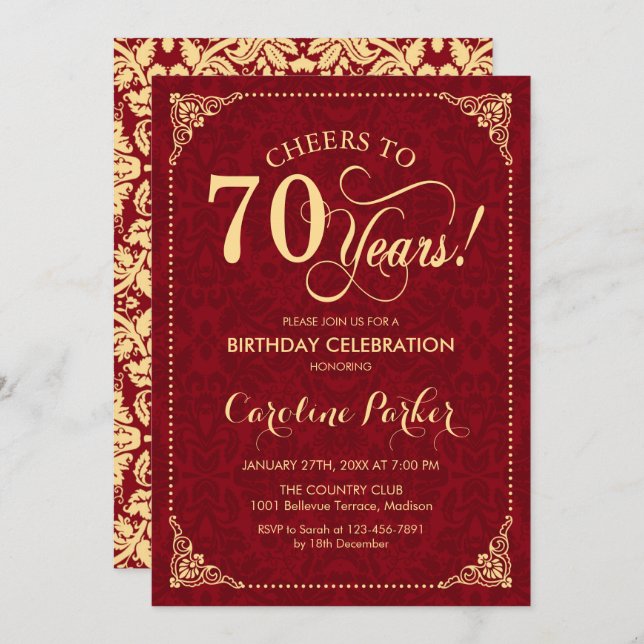 70th Birthday - Gold Red Damask Invitation (Front/Back)