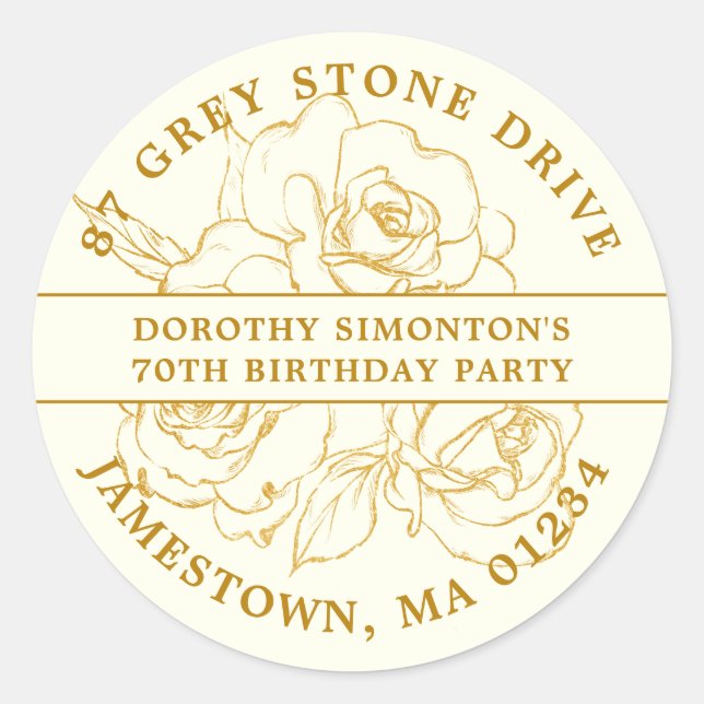 70th Birthday Gold Rose Return Address Label (Front)
