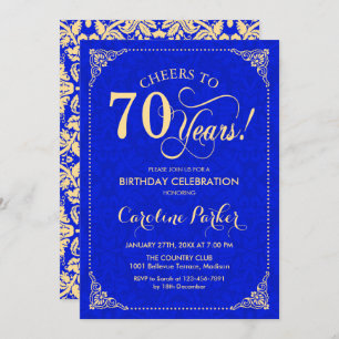 70th Birthday - Gold Royal Blue Damask Invitation