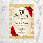 70th Birthday - Gold Stripes Roses Invitation<br><div class="desc">70th Birthday Invitation. Elegant design in gold and red. Features faux glitter gold stripes,  red roses stylish script font and confetti. Perfect for a glam birthday party.</div>