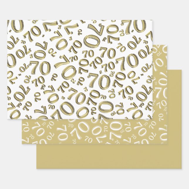 70th Birthday Gold & White Number Pattern 70 Wrapping Paper Sheet (Set)