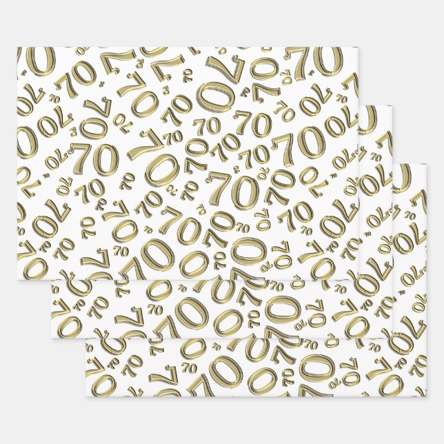 70th Birthday Gold/White Random Number Pattern 70 Wrapping Paper Sheet (Set)