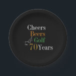 70th Birthday Golf Cheers Beers Black Gold Party Paper Plate<br><div class="desc">This is a cool and modern, 70th birthday, golf party design. It is a simple, minimal design, in classic black and gold typography with pops of orange and green. Perfect for a cool and fun, golf and beer themed, 70th birthday party. This design is fully customizable, simply use the personalize...</div>