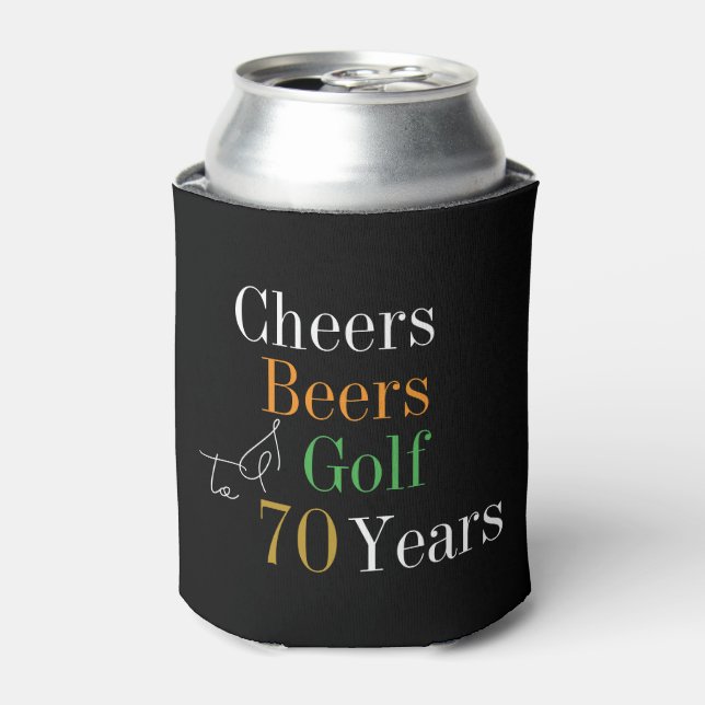 70th Birthday Golf Cheers Beers Party Black Gold Can Cooler (Can Front)