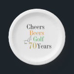 70th Birthday Golf Cheers Beers Party Paper Plate<br><div class="desc">This is a cool and modern, 70th birthday, golf party design. It is a simple, minimal design, in classic black and white, with pops of gold, orange and green typography. Perfect for a cool and fun, golf and beer themed, 70th birthday party. This design is fully customizable, simply use the...</div>