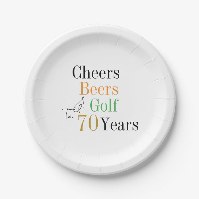 70th Birthday Golf Cheers Beers Party Paper Plate (Front)