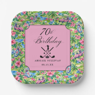 70th Birthday Golf Pink Green Preppy Print Paper Plate