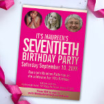 70th Birthday graphic pink gold foil photo circles<br><div class="desc">Bold simple graphic bright hot pink, and gold foil or your own foil colour photo template 70th birthday invitation. Personalize this milestone birthday invitation with your own birthday party event details, and three different photos of your birthday girl in the photo circles for your now and then photos. Other years...</div>