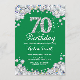 70th Birthday Green and Silver Diamond Invitation