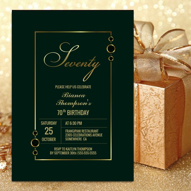 70th Birthday Green with Gold Frame Party Invitation (Creator Uploaded)