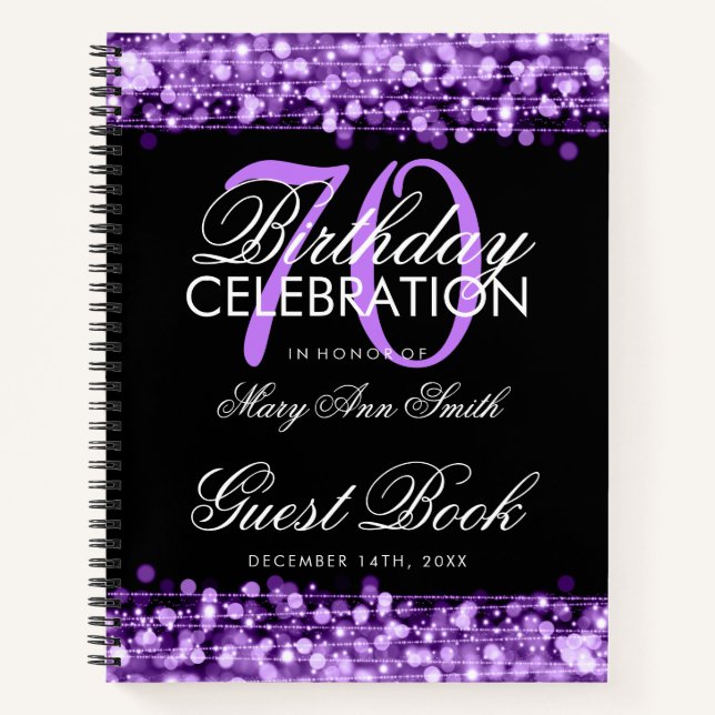 70th Birthday Guestbook Party Sparkles Purple Notebook (Front)