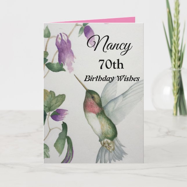 70th Birthday Happy Wishes Elegant Hummingbird Card (Front)