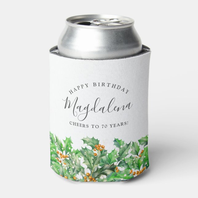 70th Birthday Holly December Birth Flower Custom Can Cooler (Can Front)