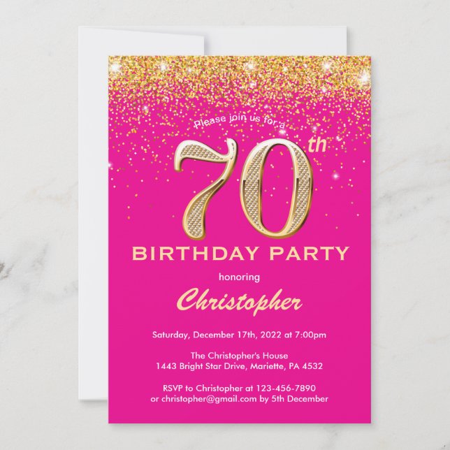 70th Birthday Hot Pink and Gold Glitter Confetti Invitation (Front)