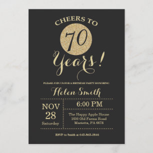70th Birthday Invitation Black and Gold Glitter