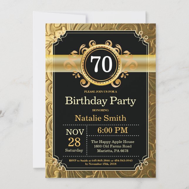 70th Birthday Invitation Black and Gold Glitter (Front)
