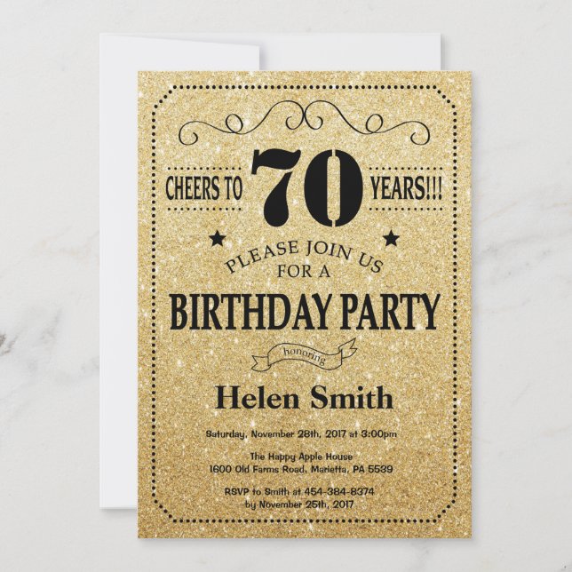 70th Birthday Invitation Black and Gold Glitter (Front)
