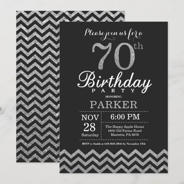 70th Birthday Invitation Black and Silver Glitter (Front/Back)