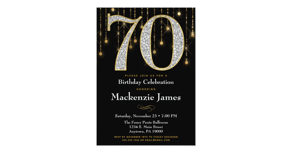 70th Birthday Invitation Black Gold Diamonds Adult | Zazzle.ca