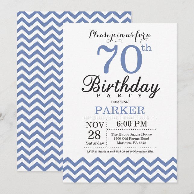 70th Birthday Invitation Blue Chevron (Front/Back)