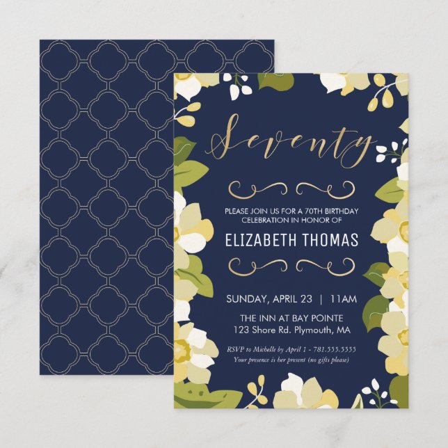 70th Birthday Invitation, Customize Floral w/ Gold Invitation (Front/Back)