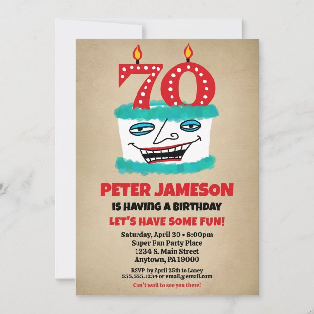 70th Birthday Invitation Funny Cake Casual Mens (Front)