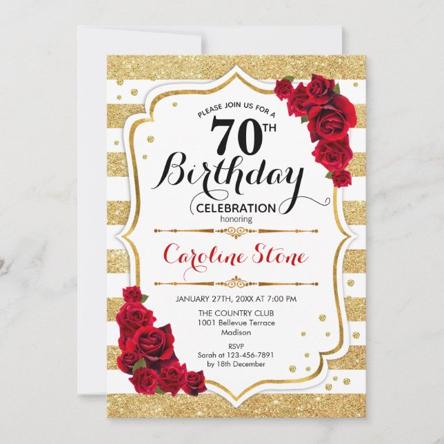 70th Birthday Invitation Gold White Stripes Roses (Front)