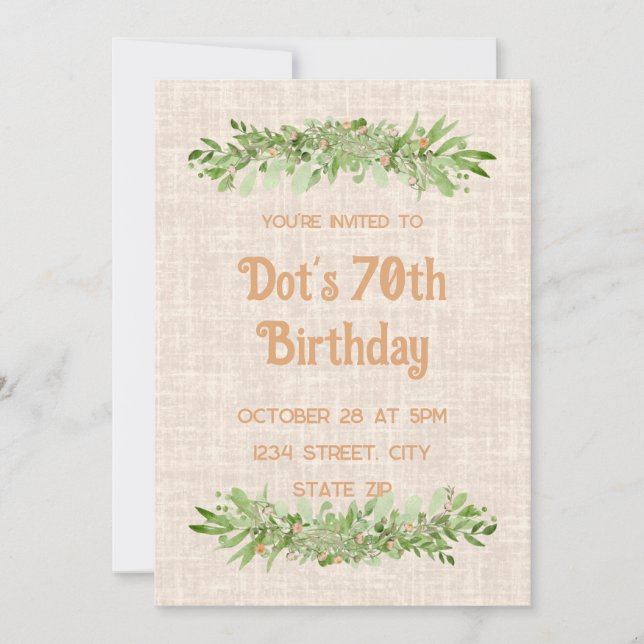 70th Birthday Invitation – Linen Greenery Seventy (Front)